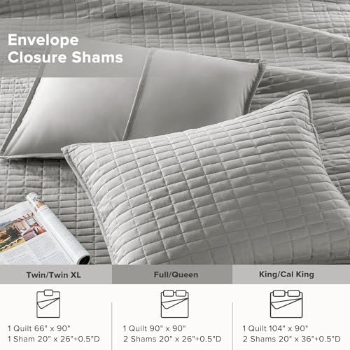 Comfort Spaces Kienna Quilt Set- Double Sided Stitching Design Summer Blanket, Lightweight, Soft, All Season Bedding Layer, Matching Sham, Grey, Coverlet Full/Queen(90"x90") 3 Piece