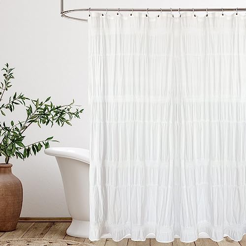 Seasonwood White Shower Curtain Farmhouse Shower Curtain with Pinched Pleats and Striped Texture Cotton Blend Fabric Shower Curtains Decorative Cloth Bathroom Curtain 72 x 72