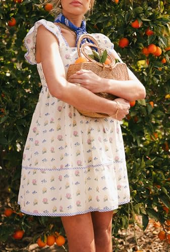 Image of NUFIWI Y2K Ruffle Hem Babydoll Mini Dresses Square Neck Spaghetti Strap Short Dresses Boho Flowy Patchwork Sundress Vocation