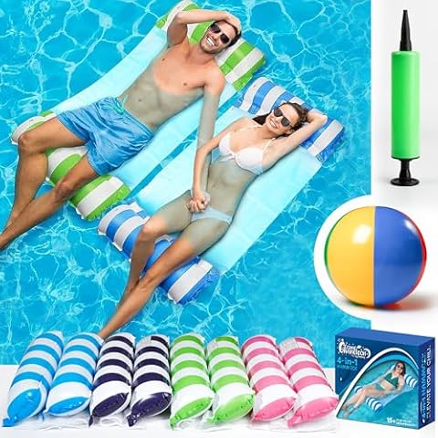 4 Pack Inflatable Hammock Pool Floats with Air Pump and Ball. 4-in-1 Design Conversion. Adult Size Pool Floaties Toys, Multi-Purpose Floats for Swimming Pool, Saddle, Lounge Chair, Hammock, Drifter. Cover