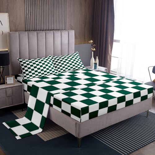 Image of Erosebridal Aesthetic Checkered Bedding Queen White Green Checkerboard Sheet Set,Buffalo Plaid Grid Bed Sheets for Kids Teen Adults Geometric Gingham Bed Sheet Set 4 Piece