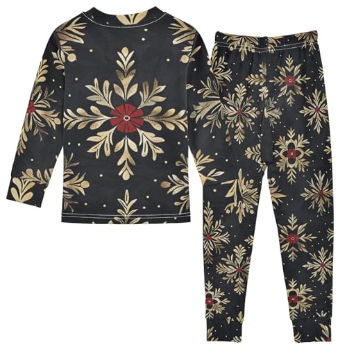 Fustylead Winter Gold Christmas Snowflake Cotton Pajamas 2-Piece Long Sleeve Sleepwear Matching Set2