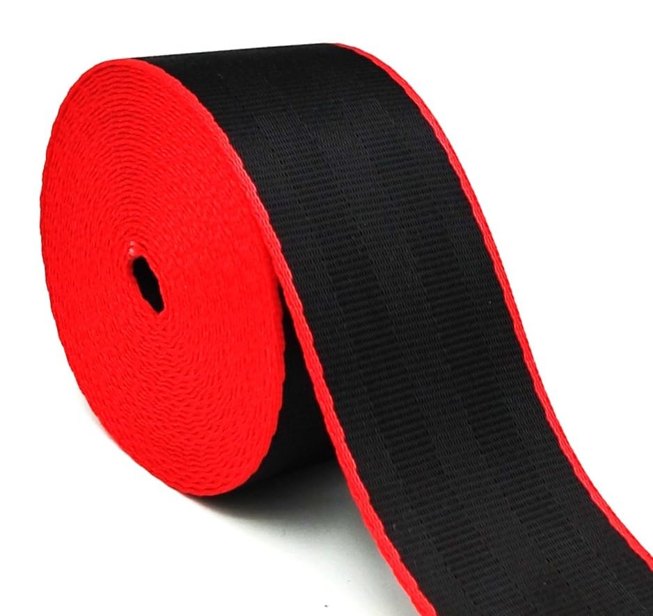 48mm Cinghia Tipo Cintura di sicurezza in Poliestere per Bagagli Creazioni Cucitura Borse Maniglia della Camera Chitarra Tracolla (Nero Bordi Rosso, 30 metri)