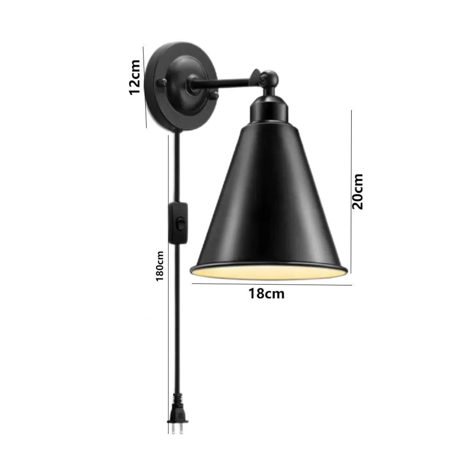 E27 Lampy ścienne z wtyczką i przełącznikiem, oświetlenie wewnętrzne, vintage, przemysłowe, żelazo, lampa ścienna do sypialni, korytarza, klatki schodowej, salonu (bez żarówki) (D, 2 sztuki)