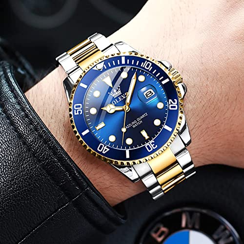 Mens-Watches-with-Date-Stainless-Steel-Band-41mm-Unidirectional-Rotating-Bezel-Large-Face-Case-Quartz-Analog-Waterproof-Luminous-Wrist-Watch-Two-Tone-Dress-Relojes-de-Hombre-GreenBlackBlue-Dial-Watche