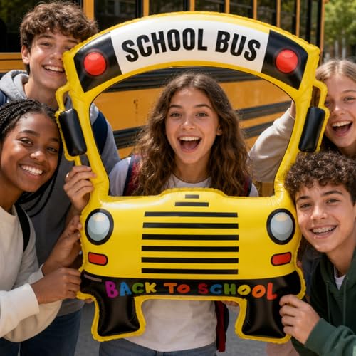 Image of Colingmill 35 Inch School Bus Photo Frame Back to School Inflatable Balloon Decorations Photo Backdrop Booth Selfie Frame Background for Classroom Party Supplies