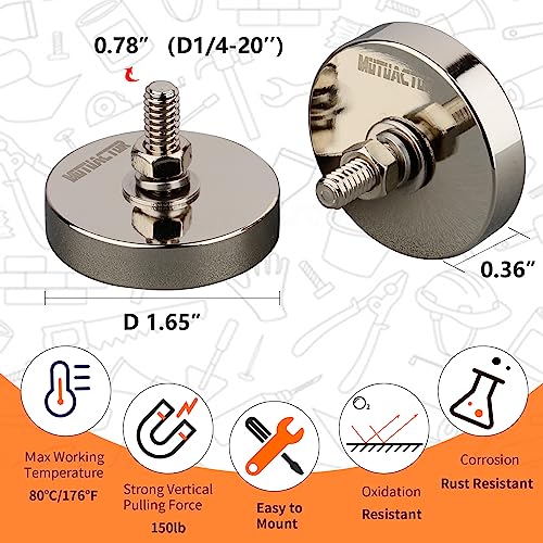 MUTUACTOR 4Pack Super Power Neodymium Round Magnet Base with 1/4\'\'-20 Male Threaded Stud,150lb Anti-Broken Magnetic Mount Heavy Duty Magnets for LED Lighting Camera Tools and Others Equipments