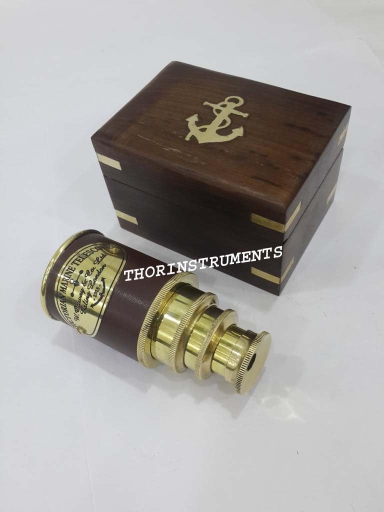 6" Nautical Brass Folding Brass Victorian Marine Telescope Pirate Spyglass W/Wooden Box Rustic Vintage Home Decor Gifts