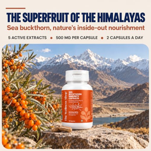 Image of The Wellness Shop Sea Buckthorn Capsules | Omega 3, 6, 7 & 9 + Ashwagandha | Boost Immunity, Improve Metabolism & Liver Health | Ayurvedic Supplement for Skin & Hair | 60 Count