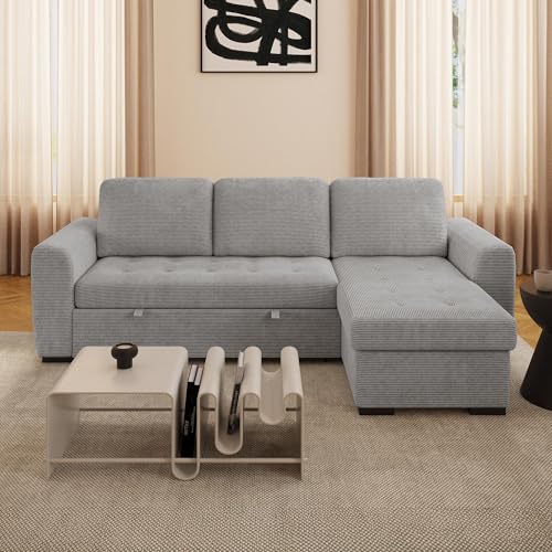 Mobilier-Deco Emeline - Canapé d'angle réversible Convertible avec Coffre en Velours côtelé Gris Clair