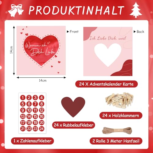 Adventskalender Liebe Karte - Ich Liebe Dich, Weil... Adventskalender Karte Partner mit 24 Zahlenaufkleber, 24 rubbel, Kordel und Holzklammern, Liebesgeschenke für Weihnachten