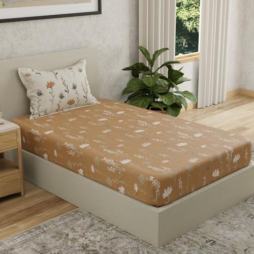 Image of HUESLAND by Ahmedabad Cotton 144 TC Cotton Elastic Fitted Bedsheet for Single Bed with 1 Pillow Cover | 36 x 78 inches