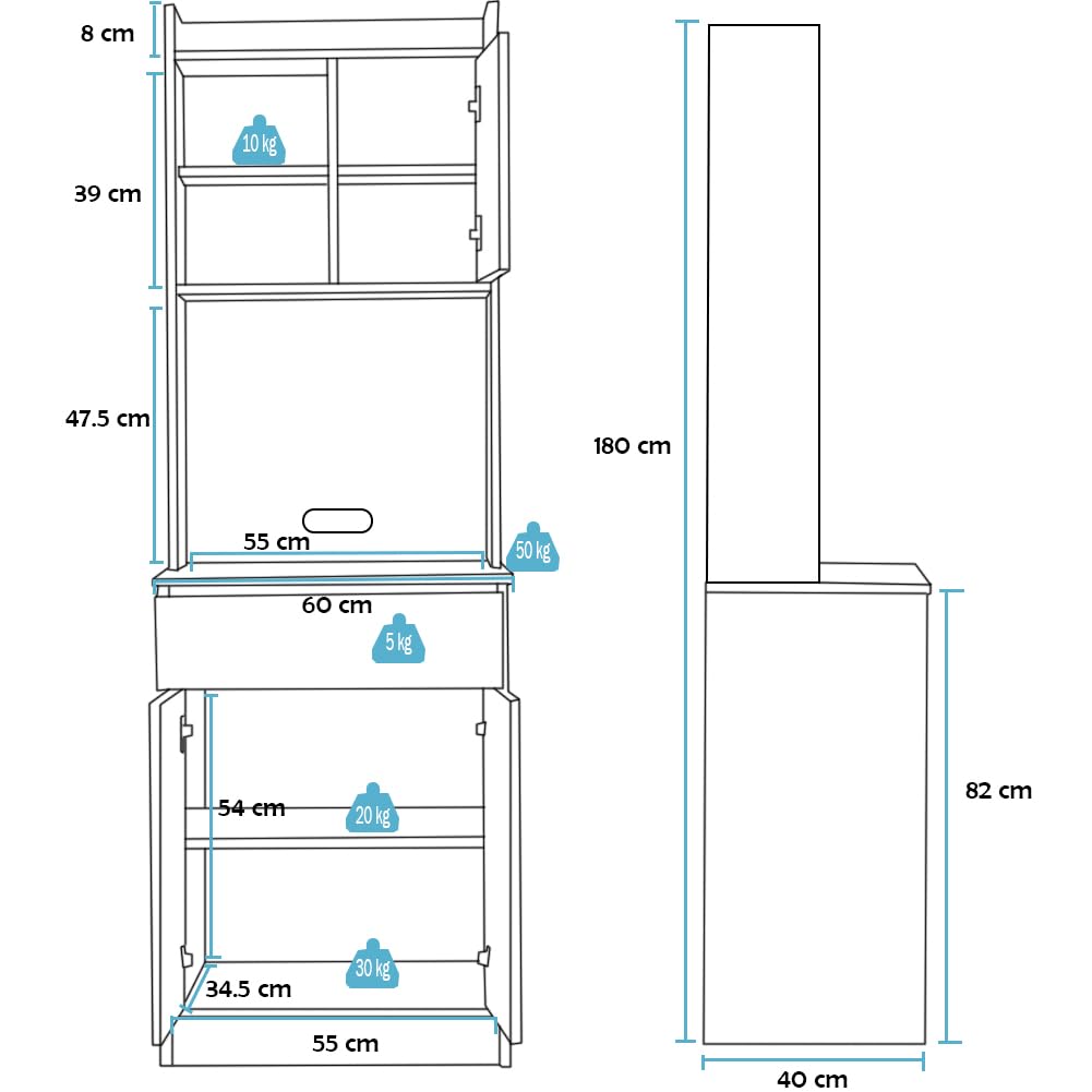 BAKAJI Armadio da Cucina Alto Multiuso, Credenza Mobile da Soggiorno, Sala da Pranzo, Salvaspazio, Sistema di Sicurezza, Mobiletto Dispensa con 2 Ante e 1 Cassetto, 55 x 40 x 180 cm (Bianco e Quercia)