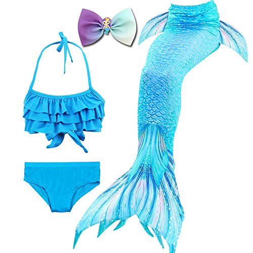 Danvren Girls Swimsuit Mermaid Tails for Swimming Party Supplies Costume Swimwear Bikini 3 Pcs for 3-12Y (Crystal Blue Design,3-4 T