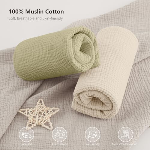 Image of Bearmoss Muslin Mini Crib Sheets for Pack N Play Mattress - 100% Cotton - 38 inchx26 inch Soft Breathable Playard Baby Crib Sheets Neutral for Boys Girls - 2 Pack (Oat Latte)