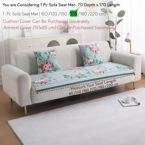 Image of HOKIPO 'LiefNest' Holland Velvet Sofa Cover Mat with Foam Filling for 1 /2 /3 Seater & L-Shape Sofa. Make Your Own Sofa Cover Set, Mat Size: 170(L) cm, Fresh Floral Pastel Blue (IN-824-D3)