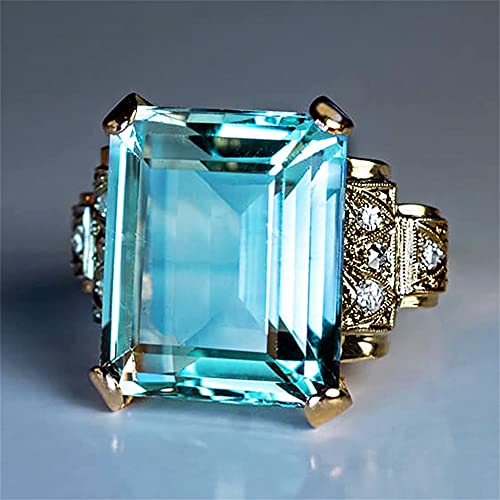 18K Yellow Gold Plated Perfect Square Cut Blue Aquamarine Birthstone Ring AAA Cubic Zirconia Rings CZ Diamond Eternity Engagement Wedding Band Ring Party Ring for Women ST.422 (6)
