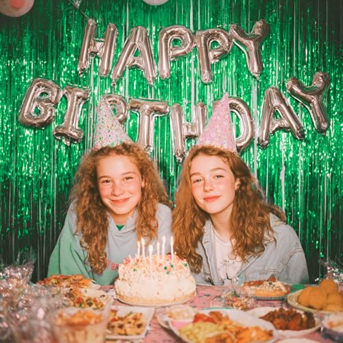 Image of PartyWoo Green Streamers Backdrop 2pcs 3.3x6.6 ft Green Tinsel Foil Fringe Streamer Curtains Photo Backdrop for Graduation Birthday Wedding Dinosaur Jungle Golf Football Theme Party Decorations