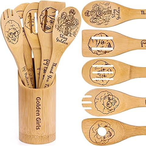 Golden Girls Wooden Cooking Spoons, Golden Girls TV Show Merchandise Gifts, Golden Girls Gifts for Women, The Golden Girls Gifts, 5PCS Bamboo Kitchen Utensils Set Cover