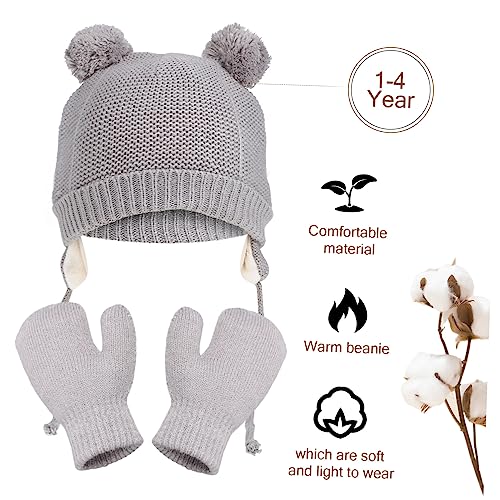 FRCOLOR Winter Hat and Mittens Fleece Lined Cap with Chin Strap for Boys and Cute Pompom Design Winter for4