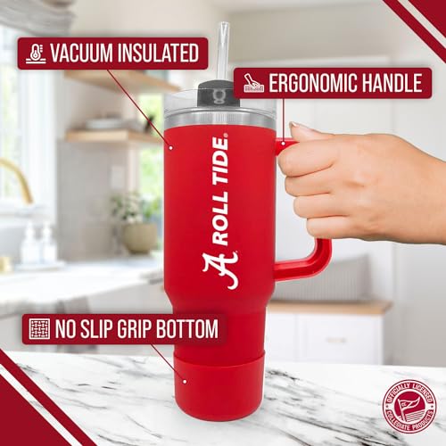 Image of Campus Colors College & University 40 oz Travel Tumbler With Handle - Dual Option Lid With Straw - Vacuum Insulated Stainless Steel (Alabama Crimson Tide - Crimson)