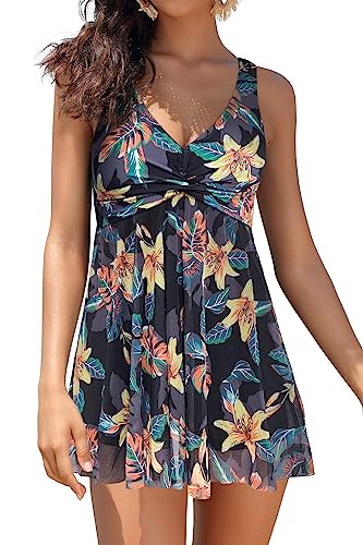 SHEKINI Mujer Traje de Baño con Falda Una Pieza Tankini Hálter Elegante Bikini Conjunto de Malla Bañador con Falda de Una Pieza con Seguridad Shorts（XL，Negro HD）