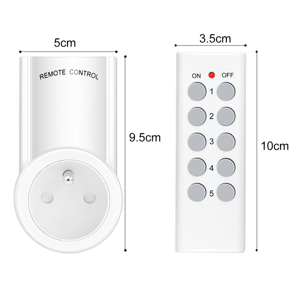 KYG Set mit 5 programmierbaren Fernbedienungen, Steckdose Domotisch, Kabellos, Funktion All One, 2 Fernbedienungen, 2 Batterien, weiß
