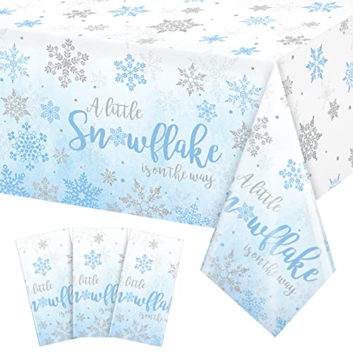 3Pcs Winter Snowflake Boy Baby Shower Party Tablecloth, Plastic Blue Silver Little Snowflake Is On The Way Table Cover Backdrop For Winter Holiday Wonderland Boy Baby Shower Party Supplies, 54X108Inch #TOP16