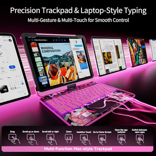 Image of Transparent Keyboard Case for iPad Pro 13 Inch (M5 2025 /M4 2024) with Multi-Touch Trackpad, 360 Rotating Stand, 7-Color 3-Level Backlit, Wireless Bluetooth, Pencil Holder, Pink