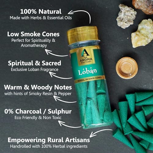 Image of The Aroma Factory Incense Dhoop Cone for Puja, Loban (100% Herbal & 0% Charcoal) 1 Bottle x 30 Cones
