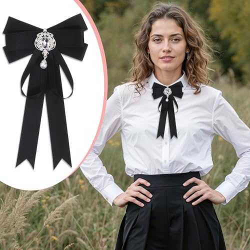 Black Rhinestone Bow Tie for Women, Pre-Tied Ribbon Pearl Shirt Tie Uniform Bow Top for Formal Dress, Tuxedo Dress Suit Wedding4