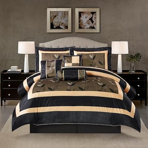 Stratford Park Elegant Leaves 7-Piece Comforter Bedding Set, Bronze, Full Size, Short Plush Print Comforter Set, All Season Bedding Set Cover