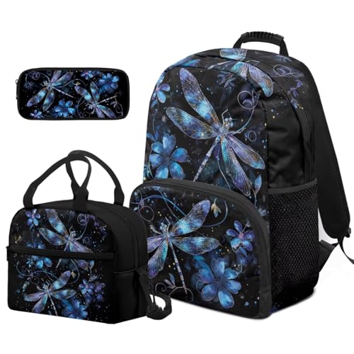 Dragonfly Backpack for School Teens Girls 12-14 Lightweight Floral Bookbag for Girls Set of 3 Versatile Kids Lunch Box Boys Insulated Lunch Cooler Bag2