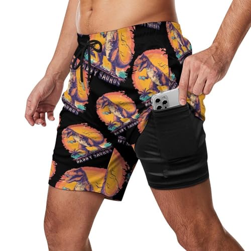 Dinosaurs Daddy Saurus Beach Shorts for Men Swim Trunks Quick Dry Swim Shorts with Compression Liner Pocket2