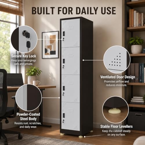 Image of Amazon Brand - Solimo 4-Door Vertical Steel Locker | Heavy-Duty Lockable Storage Cabinet for Gym, School, Office & Home | Secure Compartments for Clothes, Gear & Valuables Powder Coated Brown Finish