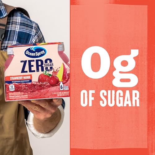 Image of Ocean Spray ZERO Sugar Strawberry Mango Juice Drink, Strawberry Mango Juice Drink Sweetened with Stevia, 10 Fl Oz Bottle, 6 Count (Pack of 2)