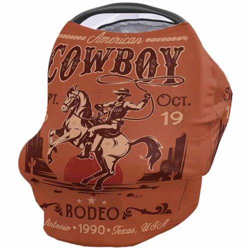 Image of Western Cowboy Riding Poster Baby Car Seat Cover, Car Seat Canopies for Newborn, Vintage Brown Dusk Backdrop Nursing Breastfeeding Covers, Shopping Cart/High Chair/Stroller Covers, 26x27.6 Inch
