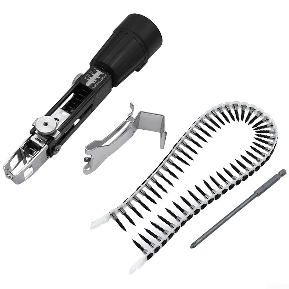 Adattatore Automatico per Viti a Catena e Chiodi per Trapano Elettrico, Utensile per Lavorazione del Legno con 50 Chiodi, profondità Regolabile, in Plastica e Acciaio Inox (Cacciavite a Croce)