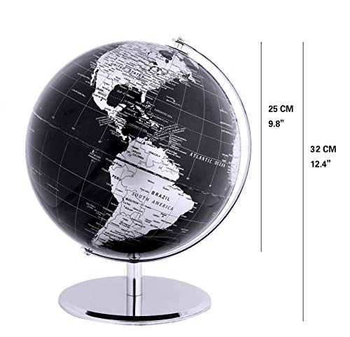 Exerz Metallic World Globe (Dia 10-Inch / 25 cm) Black – Educational/Geographic/Modern Desktop Decoration - Stainless Steel Arc and Base/Earth World - Metallic Black - for School, Home, and Office