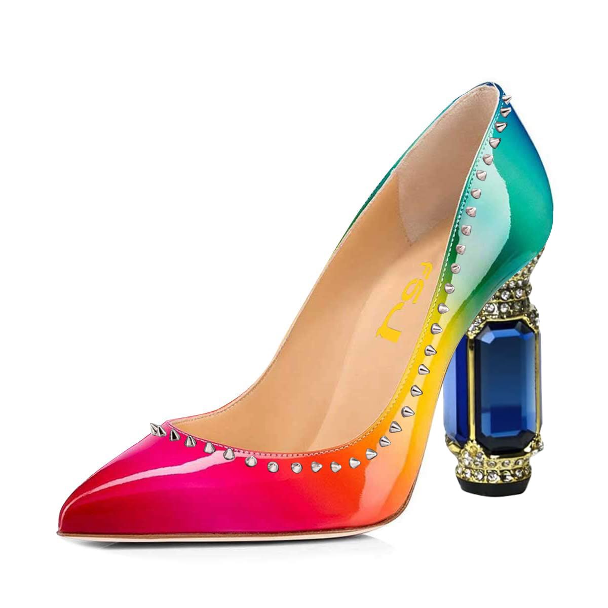 FSJ Women Bridal Pointed Toe Chunky Block High Heel Crystal Pumps Slip on Wedding Thick Comfort Evening Dress Studded Rivets Shoes