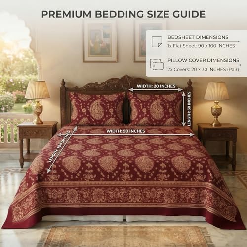 Image of BSB HOME Premium Cotton Double Bedsheet with 2 Pillow Covers, 240 TC Soft Breathable, Skin Friendly & Hypoallergenic, Jaipuri Printed (90 x 100 Inches) (Kalki Print - Deep Maroon)