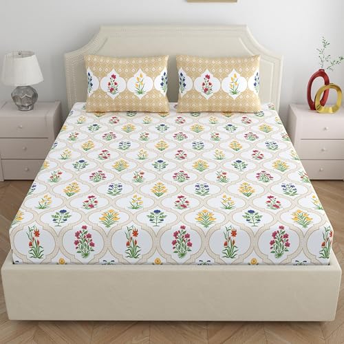Image of Home Ecstasy 100% Cotton Double Bedsheet with 2 Pillow Covers - (Size 87 x 94 inches, 140 TC, Colour - Beige: Caramel Mist)