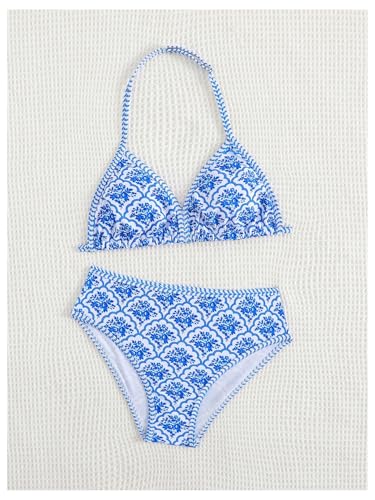 Image of BEAUDRM Girl's 2 Piece Floral Print Swimsuits Halter Triangle Bikini Boho High Waisted Bathing Suit