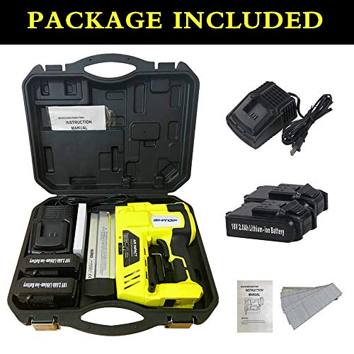 BHTOP Cordless Nailer & Stapler- 2 in 1 18Ga Heavy Tool With 18Volt 2Ah Lithium-ion Rechargeable Battery Air Cylinder(Charger and Carrying Case) (Yellow 2 Batteries)