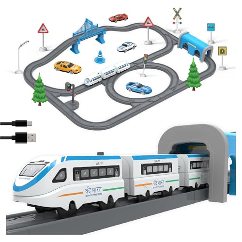Image of BOOGYWOOGY Vande Bharat Express Toy Train Set | 91-Piece USB Rechargeable Type-C Engine Indian Railway Set with DIY Magnetic Tracks | Educational Toy for Kids Ages 3 for Train Lovers