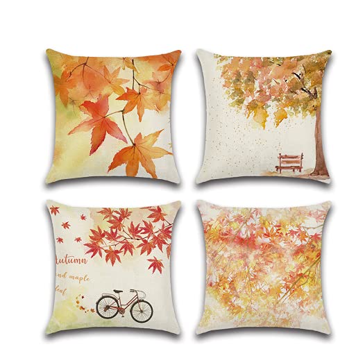 JUMUU Maple Leaf Bicycle Pillow Covers 18x18 inch, Set of 4 Cotton Linen Burlap Autumn Throw Pillow Cases for Fall Decor Farmhouse Fall Decorations Thanksgiving Pillow Cover
