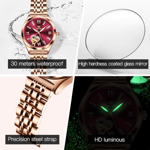 Image of OLEVS Watches for Women Automatic Ladies Watch Mechanical Leather Strap Self-Winding Diamond dial Waterproof