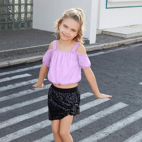 Perfashion Girls Puff Short Sleeve Corp Tops Cold Shoulder Shirts swiss dot chiffon blouse for 4-13 Years3
