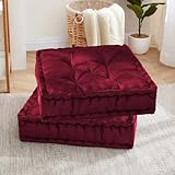 Floor Pillow Large Square Tufted Decorative Cushion 20' x 20' Faux Velvet Fabric Ultra Thick Fill for Kids and Adults, 2 Pack, Burgundy Red