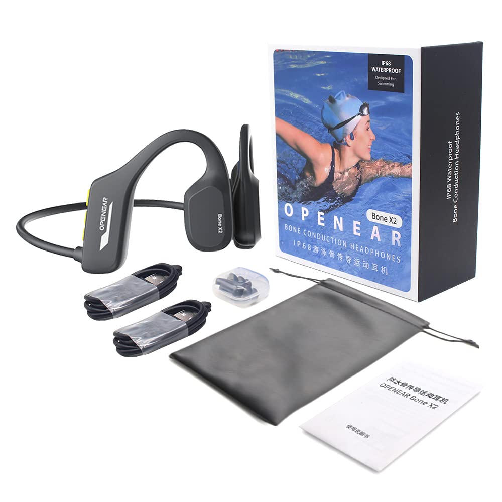 Open Ear Bone X2 - Casco sportivo a conduzione ossea senza fili con microfono integrato, standard CE, blutetooth 5.4, impermeabilità IP68, RAM integrata 8 GB, completamente impermeabile per nuoto